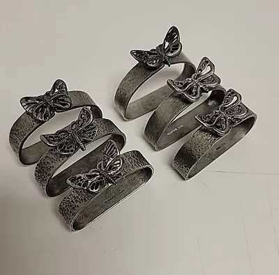 Vintage Hammered Pewter Metzke Butterfly Napkin Rings 3-1974 & 3-1975 (LOT Of 6) • $12.58