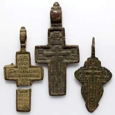 Lot Of 3 Bronze Late Medieval Balkans Christian Crosses Pendants • £0.99