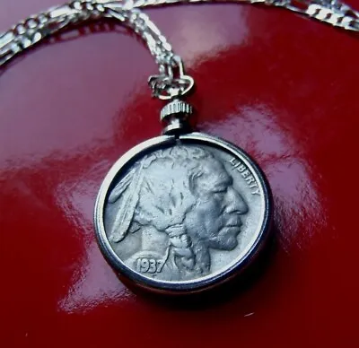 Superb Fine Antique Buffalo Nickel COIN Pendant On A 25.5  Italian Figaro Chain • $82.50