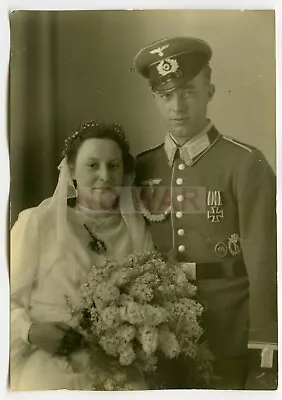 WWII WEDDING PHOTO HEER ARMY Unteroffizier W Marksmanship Lanyard MEDALS & BRIDE • $49.99