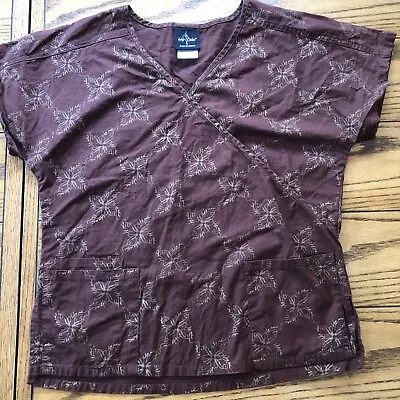 Baby Phat Womens Scrub Top Small Brown Short Sleeve Pullover Flower/cat • $14