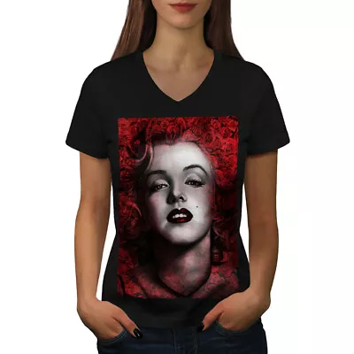 Wellcoda Marilyn Deep Red Lips Womens V-Neck T-shirt Female Graphic Design Tee • $19.88