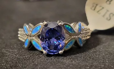Tanzanite Blue Fire Opal Butterflies 925 Sterling Silver Ring  Size 8  - 1723 • $29