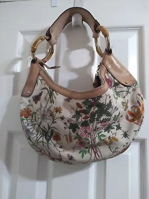 Vintage Gucci Flora Canvas Bamboo Halfmoon Hobo Bag • $135