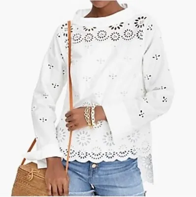 J.crew Womens Hi Lo Top White Lace Eyelet Long Sleeve Mock Neck  • $12