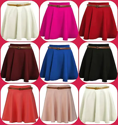 £7.99 • Buy Ladies Skirts Womens Belted Flared Plain Mini Skater Skirt Sizes UK S/M M/L