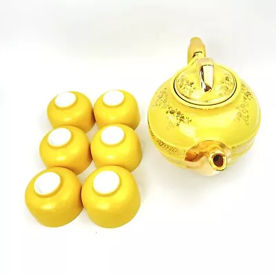 Vintage HALL USA Yellow Teapot With Gold Accents (0799GL) & 6 Bonus Tea Cups • $24.95