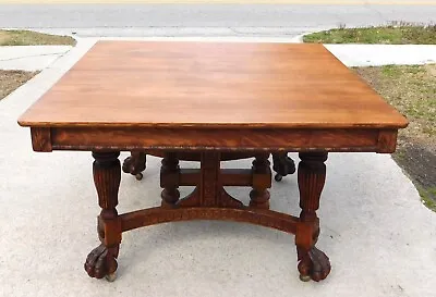 Square Oak Table With Claw Feet And Two  Leaves Circa 1900 • $1200