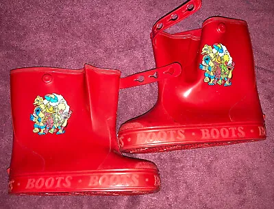 Vintage Sesame Street Rain Boots Kids Sz 9-10 Big Bird Elmo Cookie Monster Red • $19.95