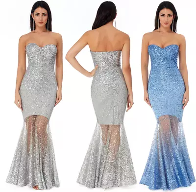 Goddess Sequin Chiffon Mermaid Full Length Maxi Evening Dress Bridesmaid Prom • £49.99