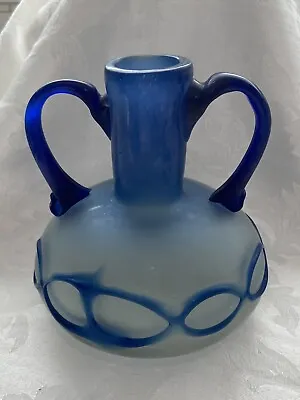 Vintage Murano Scavo Italian Glass Double Handled Blue Vase 7 In. • $45