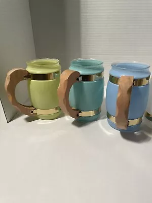 Set Of 5 Vintage Siesta Ware Glasses Frosted Barrel Mugs Wood Handles Cups 5” • $34