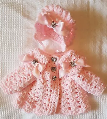 Romany Hand Crochet Bonnet And Cardigan Babies 0-3 With Bling Bows • £23