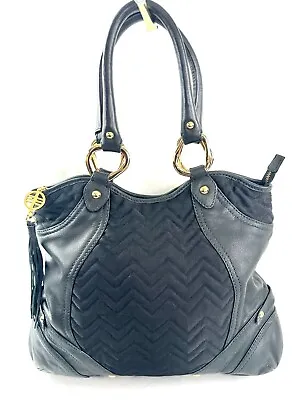 Via Spiga Black Leather Quilted Nylon Satchel Shoulder Bag Tassel Brass Studs • $33.51