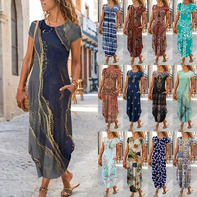 Ladies Summer Boho PRINT Maxi Shirts Dresses Casual Holiday Long Dress PLUS SIZE • £12.76