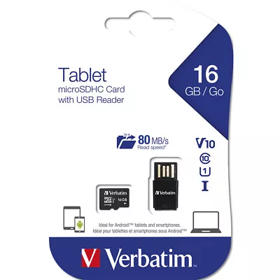 Verbatim File Storage U1 Micro SDHC 16GB Memory Card W/ USB Reader For Tablet • $18