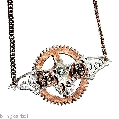 Steampunk Necklace Copper Tone Gears Bat Wings Clockwork Antique Style Pendant • $9.99