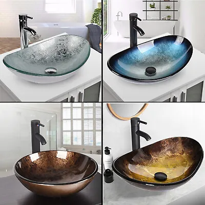 £66.90 • Buy Countertop Sink Basin Bathroom Cloakroom Wash Bowl Tempered Glass Tap Waste Set