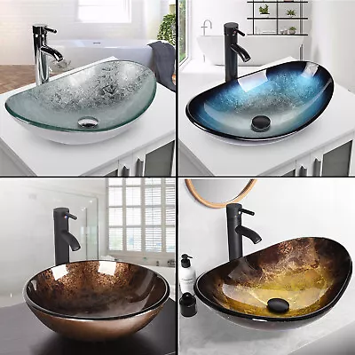 Countertop Sink Basin Bathroom Cloakroom Wash Bowl Tempered Glass Tap Waste Set • £61.19