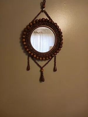 Boho Hippie Wooden Beaded 10.5   Round Wall Mirror: Flashback To 70's So Groovy • $32