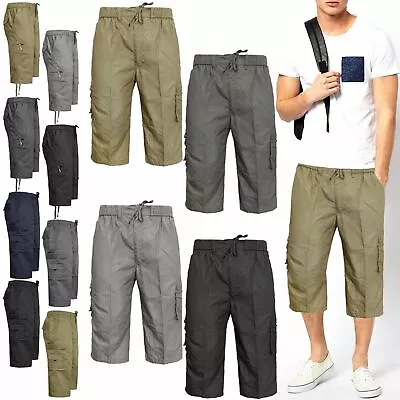 Mens 3/4 Elasticated Waist Long Relaxed Shorts Cargo Combat Three Quarter Pants • £10.99