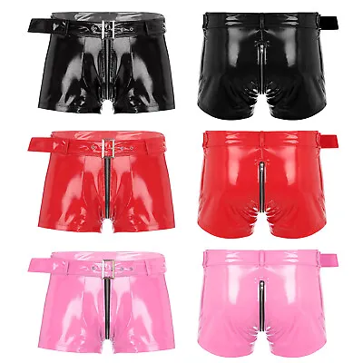 US Men's Wet Look Latex PVC Leather Shorts Zipper Crotch Boxer Brief Clubwear • $14.25