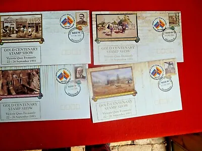 GOLD CENTENARY STAMP SHOW SET OF 4  OVERPRINTED PSE's TIED WITH STICKER 1993 • $9.07