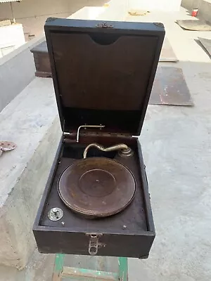 Collectible Old Wooden Portable Gramophone With Case Box Need Restoration • $279.30