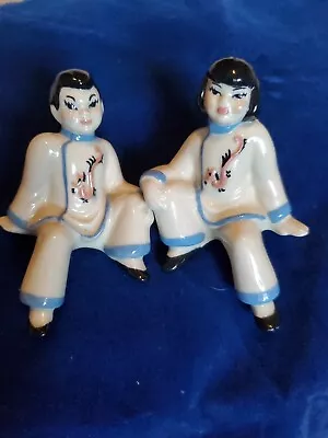 Vintage Ceramic Art Studio Shelf Sitters Japanese 4  Boy & Girl W/Pink Dragons • $25.49