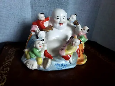 Porcelain Happy Laughing Buddha With Children Figurine • £27