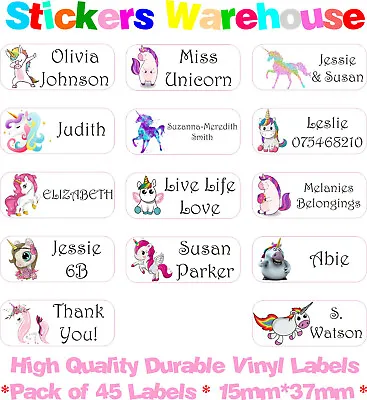 Personalised Name Stickers 45pcs Vinyl StickOn Custom Unicorn Labels Tags School • £1.99