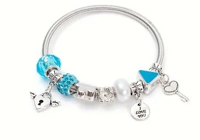  In The Style Of Pandora   Silver Look Charm Bracelet With Light Blue Beads • £3.75