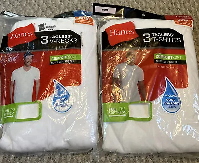 Hanes Mens White V Neck T Shirts Tagless Size Medium 3 Pack And Crew Neck 3 Pack • $10.49