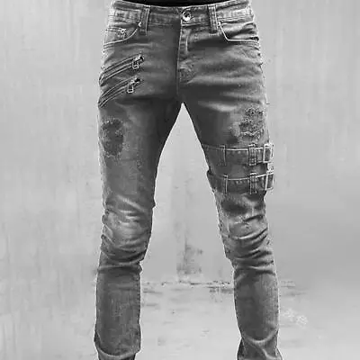 Mens Biker Pants Fashion Buckle Punk Skinny Ripped Jeans Casual Denim Trousers • £32.39