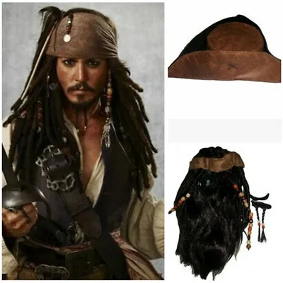 Pirates Of The Caribbean Jack Sparrow Tri Corner Buccaneer Hat Wig Beard Cosplay • $36.09