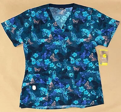 Carhartt  Cross Flex Blue Butterfly Two Pocket V Neck Scrub Top Womens 2XL • $8