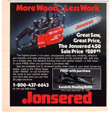 Jonsered 450 Chain Saw 1985 Vintage Print Ad Original Man Cave Garage Decor • $7.99