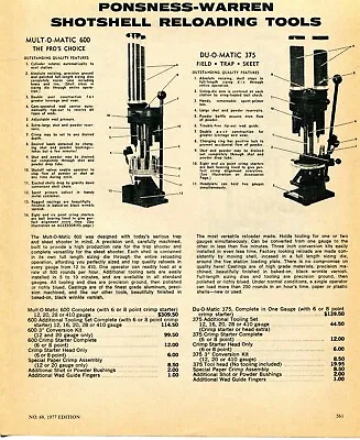 $9.99 • Buy 1977 Print Ad Ponsness-Warren Mult-O-Matic 600 Du-O-Matic 375 Shotshell Reloader