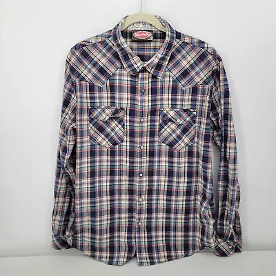 Mambo Australia Mens XL Plaid Button Up Pearl Snap Long Sleeve Shirt Blue Orange • $15.19