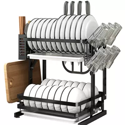 2 Tier Dish Drying Rack Drainer Kitchen Cutlery Plate Cup Bowl Drip Tray Holder • $79.95