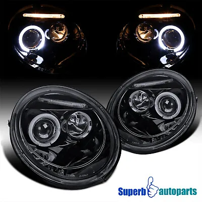 Fits 1998-2005 Beetle Smoke Halo Projector Headlights Lamps Glossy Black Pair • $178.98