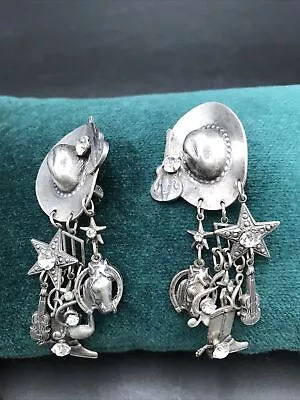 Vintage MARY DEMARCO LA CONTESSA Clip On EARRINGS WESTERN Cowgirl Horse • $38.99