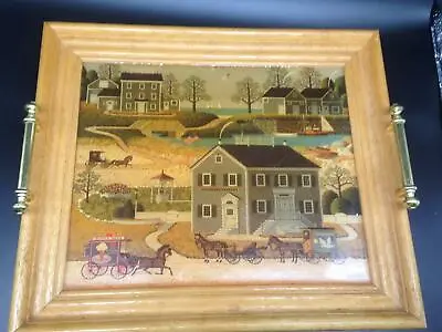 Vintage Charles Wysocki Wood Tray With Americana  Scene And Brass Handles 1970s • $14