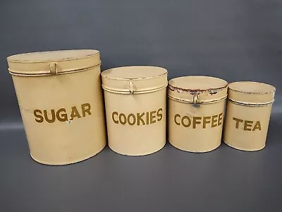 Vintage 4 Piece Nesting Tin Canister Set With Lids:  Sugar Cookie Coffee & Tea • $125