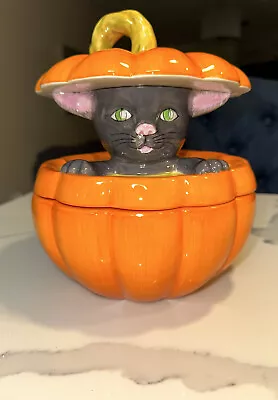 Halloween Black Cat In Pumpkin Ceramic Cookie Jar With Lid Treat Jar • $42