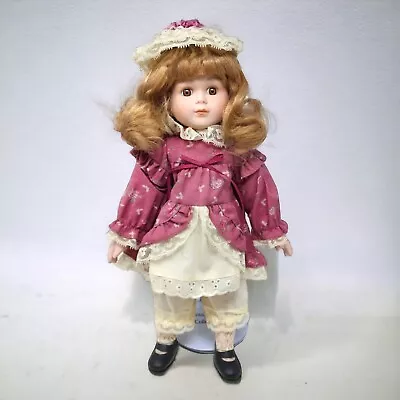 Vintage 1990 Heritage Mint 14  Porcelain Prairie Doll Blonde Brown Eyes & Stand • $15.99