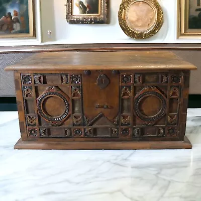 Circa 1880 English Victorian Polychrome Oak Iron Handled Six-Plank Coffer Chest • $500