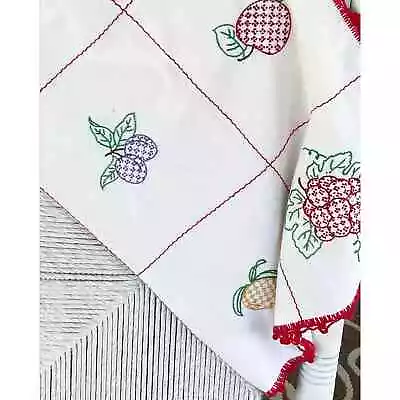 Vintage Embroidered Table Topper Cloth Fruit Grapes Pear Apple Red Crochet Hem • $25