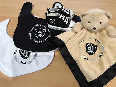 Raiders Baby Gift Set: Shoes Two Bibs And A Raiders Bear Cuddle Blanket • $45