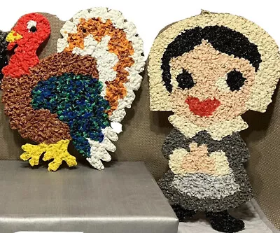 VTG THANKSGIVING PILGRIM & TURKEY Melted Plastic Popcorn Decoration 2 Figures • $30